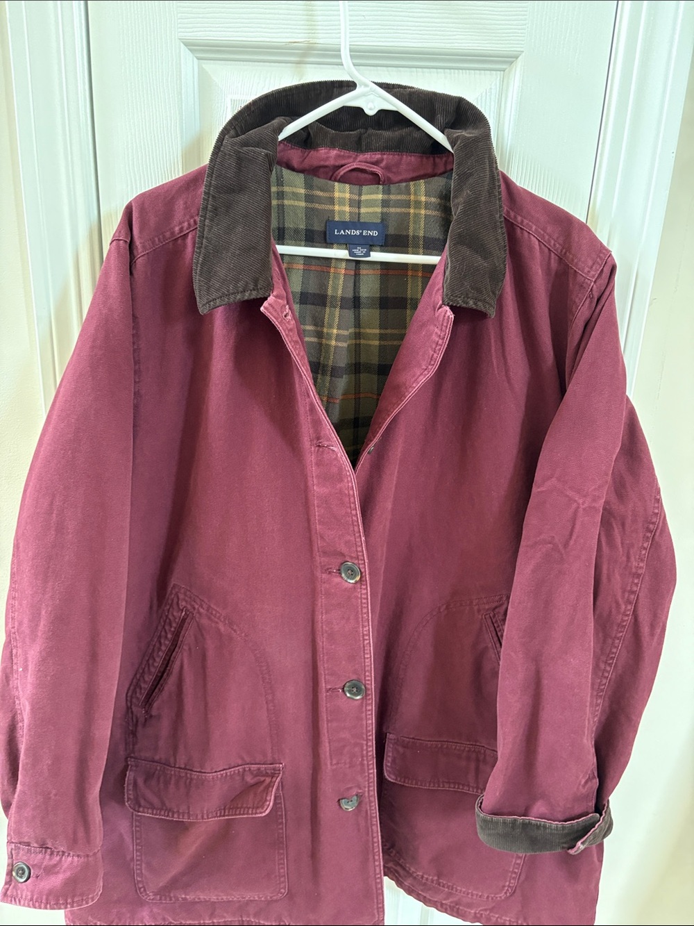 Lands' End Women's Burgundy Cotton Jacket with Corduroy Collar Vintage Farm Coat